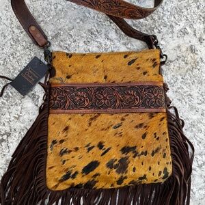 NWT-American Darling- Large Golden Brown Cow Hide Messenger Crossbody Bag